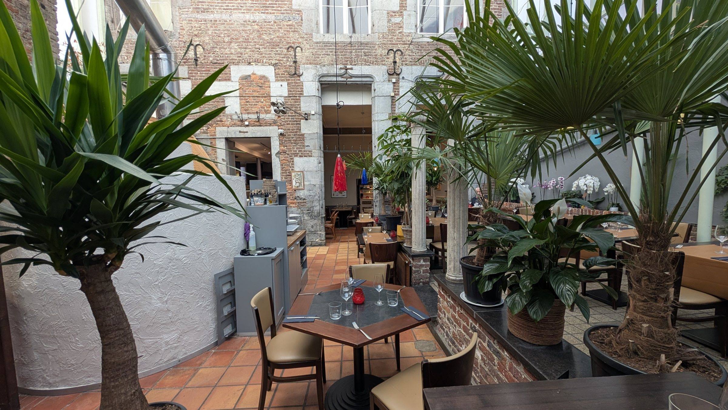 Palmiers et tables dressées sous la verrière